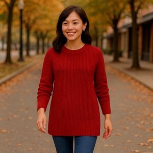 Burgundy Chunky Knit Crewneck 100% Cotton Sweater M | Heritage Fall Cozycore